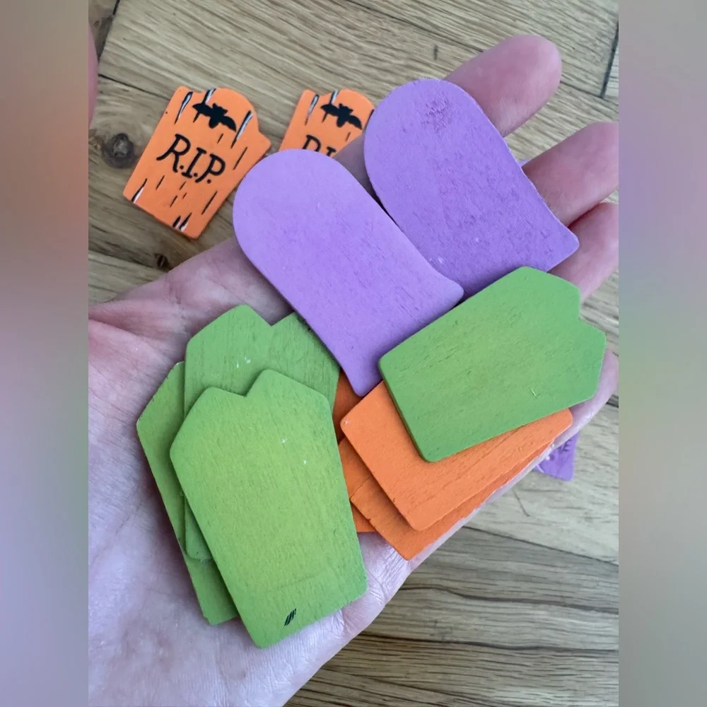 Set of 16 Halloween Wood Purple Green Orange Tombstone RIP Craft Decor Picks
